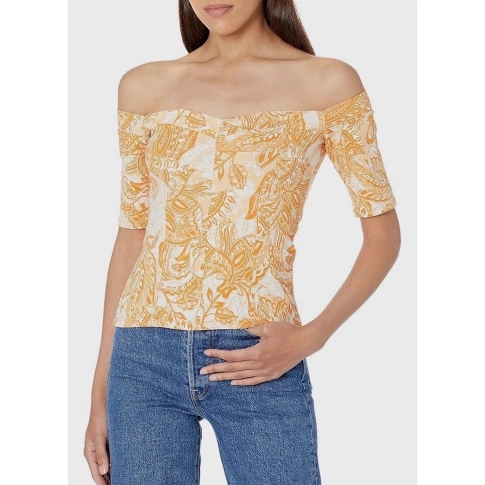 Guess Off Shoulder Half Sleeves Sunset Paisley Orange Print Jada Top Size Large